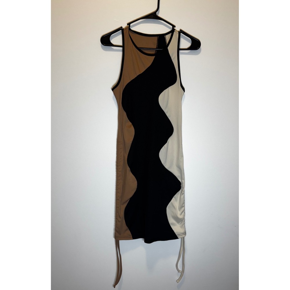 SHEIN‎ Women Wavy Colorblock Ribbed Bodycon Mini Dress Tan Black Cream Size 6 M